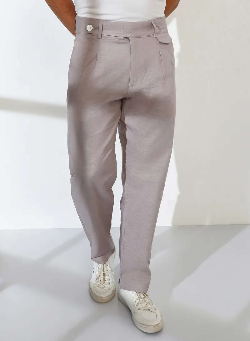 CAHOOT  Men's Cloud Grey Tailored Linen-Blend Trousers For Casual Wear | Mid-Rise | 2 Pockets | Button Closure | Trousers Crafted With Comfort Fit For Everyday Wear for Men | Best Price UAE